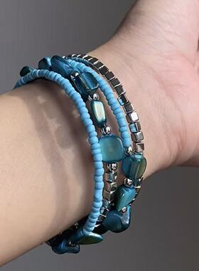New Vintage 古著 Blue bracelet 手镯多层方块手链高级感手环女