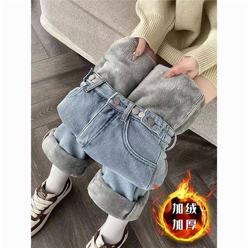 大码加绒牛仔裤女宽松高腰直筒冬季新款加厚保暖显瘦外穿阔腿裤子,淘宝优惠券,粉丝福利购,淘宝优惠卷