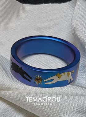 vintager中古【双猫摘星】宽面炫彩蓝戒指星芒食指戒小众设计指环