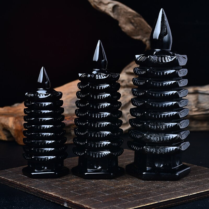 天然黑曜石文昌塔摆件7层9层13层送送客厅桌面奇石送礼品黑色九层 - 图3