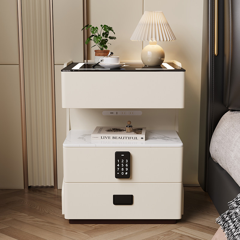 奶油风智能床头柜家用实木床边柜卧室钢化玻璃收纳柜子超窄保险柜,淘宝优惠券,粉丝福利购,淘宝优惠卷
