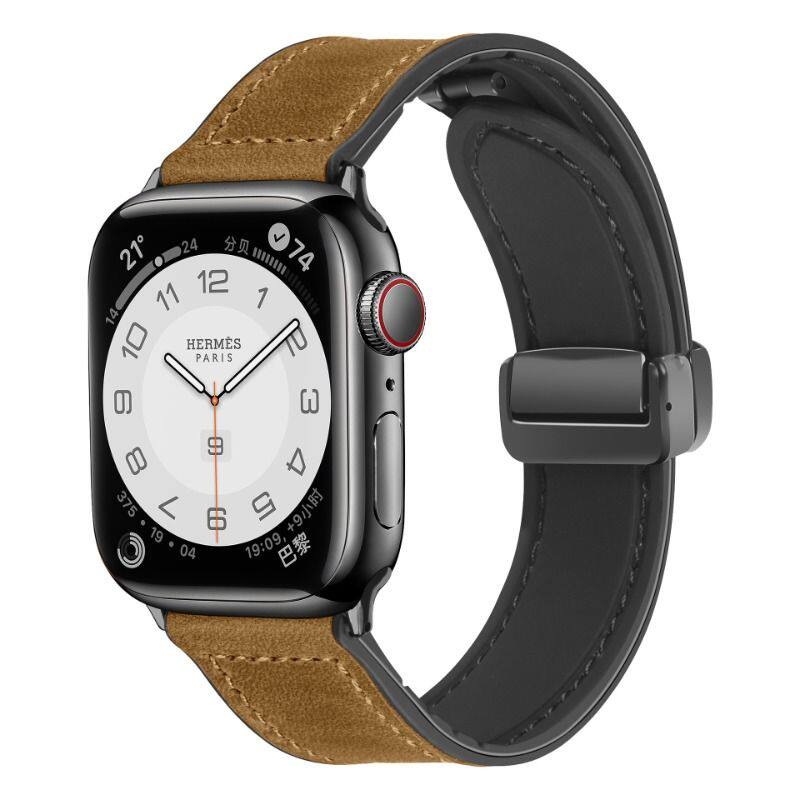 适用Applewatchs8手表iwatch9手表表带真皮S8苹果创意ultra智能S9运动S7硅胶S6高级6代SE男女磁吸扣疯马皮纹