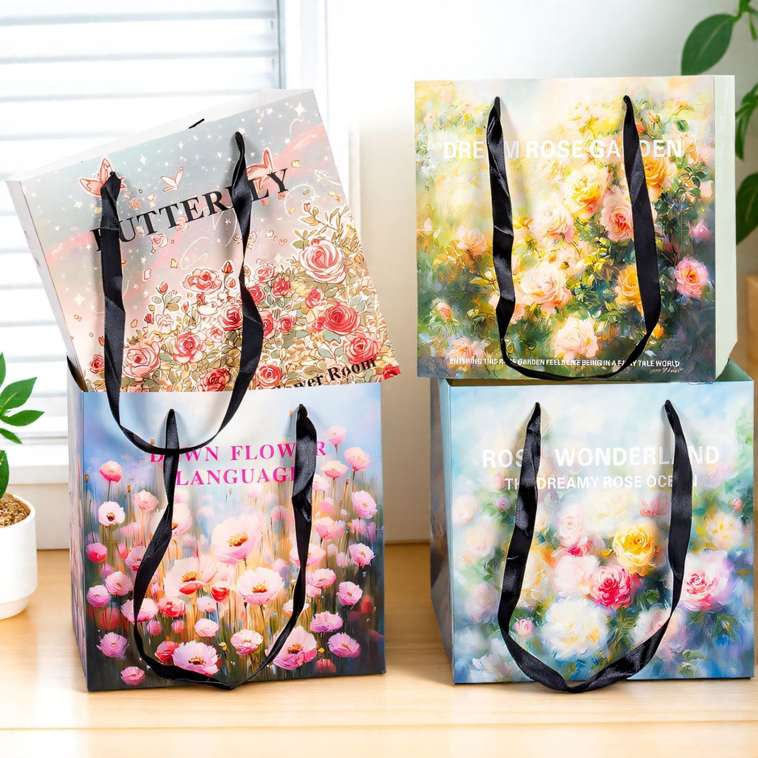 油画鲜花手提袋花束正方形方形礼物花店包装网红礼品袋梯形红色 - 图3