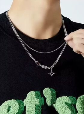 芒星双层项链男款潮毛衣链轻奢小众设计感嘻哈风情侣男生女锁骨链