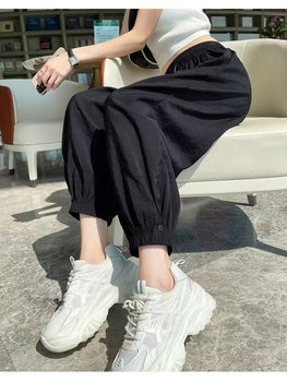 2024 New Casual Pants Summer Thin Bloomers Loose Leg-tie Nine-Point Pants Sports Acetate Ice Silk Harem Pants