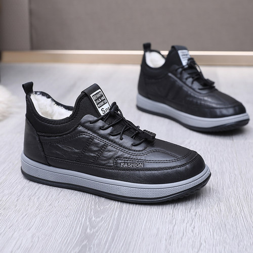 男士棉鞋加绒保暖休闲鞋冬季新款皮面潮流中老年爸爸一脚蹬懒人鞋 - 图2