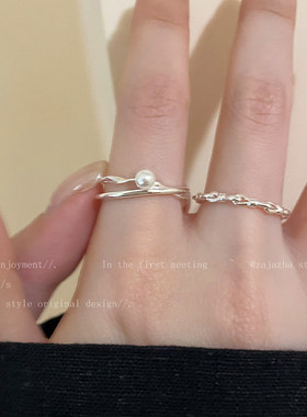 珍珠叠戴戒指女轻奢高级感食指戒配饰小众设计粗胖手大号装饰戒指