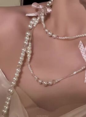 「少女心结」甜美波点蝴蝶结珍珠项链温柔气质叠戴时尚冬季锁骨链