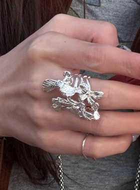 韩系亮面银繁花戒指高级感个性夸张食指戒指环女秋冬款