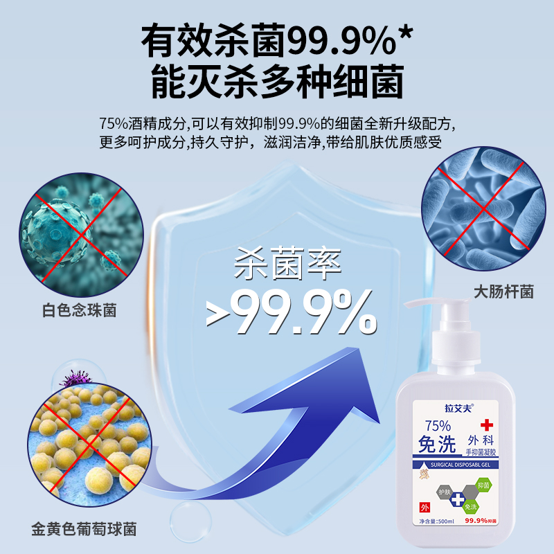 拉免洗手液消毒凝胶杀菌酒精消毒液500ml/瓶乙醇抗菌免水清洁护肤 - 图0