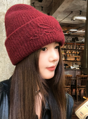 韩版字母兔毛针织帽女冬季加厚保暖毛线帽时尚套头帽子白色可折叠
