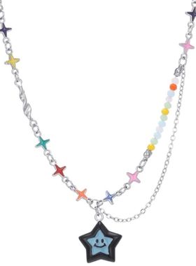 蓝色星星笑脸吊坠项链女