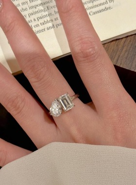 925法式中古风复古水滴方钻双石戒指精致几何高级精致大方食指戒