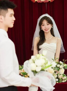 白色素纱领证头纱高级感求婚女新娘缎面婚纱头饰蝴蝶结婚礼包边