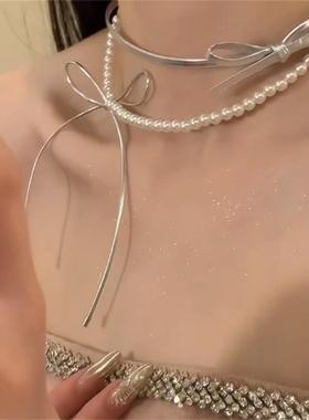 银色皮绳甜酷风项链蝴蝶结珍珠