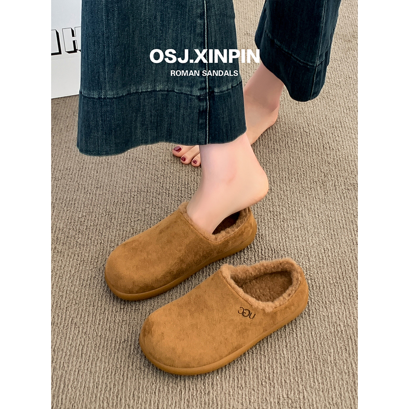 毛毛勃肯鞋女半拖外穿2025新款爆款冬季一脚蹬女鞋加绒包头棉拖鞋 - 图0