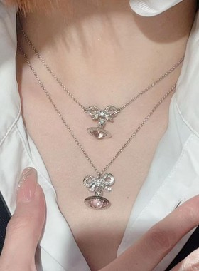 【蝴蝶结系列】西太后蝴蝶结立体星球粉色玻璃珠不掉色项链锁骨链