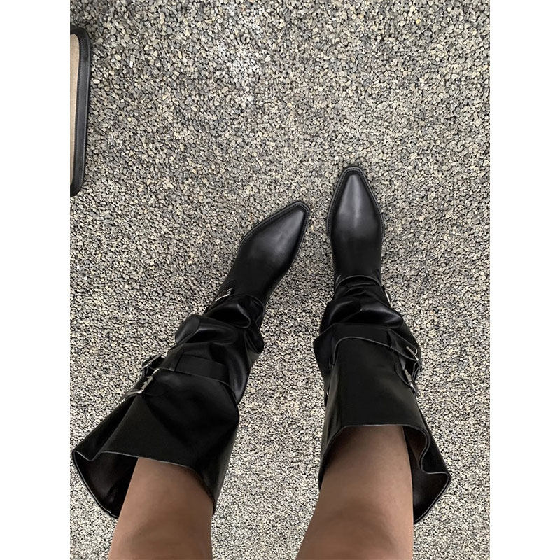 2025秋冬新款大筒围堆堆靴尖头高筒骑士靴辣妹长靴黑色羊皮防滑,淘宝优惠券,粉丝福利购,淘宝优惠卷