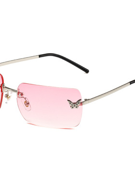 2023新款无框金属太阳镜欧美时尚复古y2k眼镜个性蝴蝶镶钻墨镜女