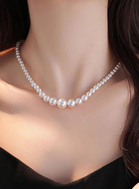 新款澳白色时尚渐变珍珠项链女正圆串珠高级感人造锁骨链独特闺蜜