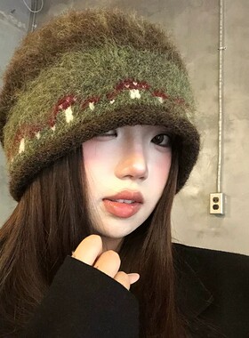 费尔岛复古卷边堆堆帽女秋冬2026新款保暖冷帽慵懒风护耳包头帽子