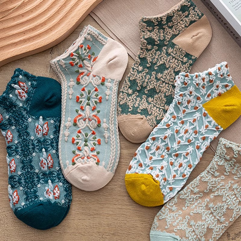 复古国潮短袜女低帮船袜绣花文艺宫廷袜港风民族风抗袜子女socks-图1