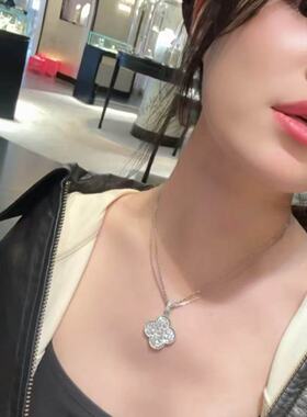 全新高定超闪品质满钻大号幸运草项链952银镀18k金红玛瑙黑白贝母