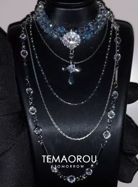 自制干净清冷色多层银蓝灰闪钻十字架项链女晚会配饰宴会颈链