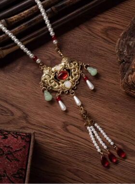 古风汉服璎珞长流苏平安福软璎珞宋制明制项链旗袍配饰写真古红色