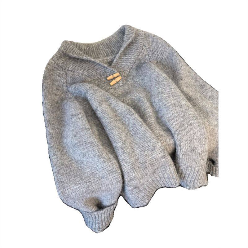 慵懒风牛角扣灰色翻领毛衣女早秋装大码内搭插肩袖正肩针织衫,淘宝优惠券,粉丝福利购,淘宝优惠卷