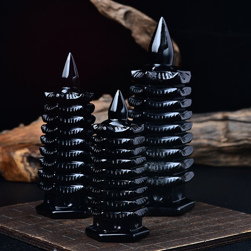 天然黑曜石文昌塔摆件7层9层13层送送客厅桌面奇石送礼品黑色九层 - 图1