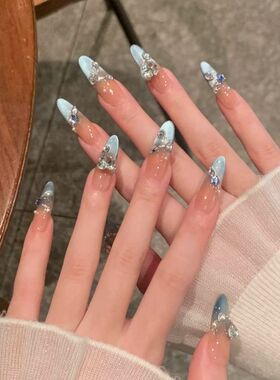 手工美甲穿戴甲水光感法式蓝色猫眼满钻少女心氛围感ins辣妹学生