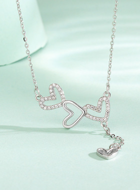 s925纯银爱心气球项链女流苏不对称镶钻桃心时髦小众高级感毛衣链