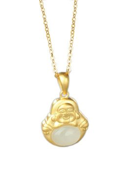 s925纯银天然和田玉弥勒佛项链女金镶玉吊坠笑佛像时髦锁骨链百搭