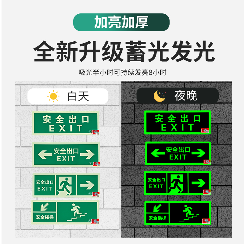 自发光安全出口指示灯牌夜光免接电墙贴消防应急出口疏散标识标牌 - 图0