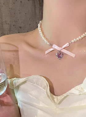 甜美爱心蕾丝蝴蝶结珍珠项链女生法式夏季轻奢小众锁骨颈链配饰