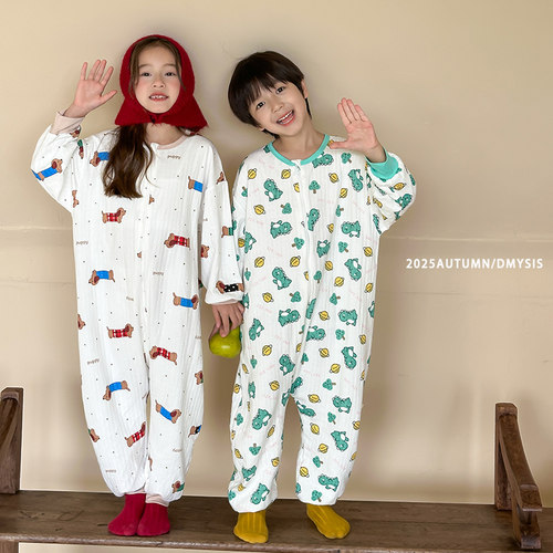 儿童连体睡衣纯棉春秋男童女宝宝四季透气爬服卡通婴儿睡袋空调服 - 图2