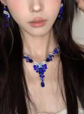 贵气超闪水滴满钻流苏项链耳环套装女宴会轻奢小众锁骨链脖子配饰