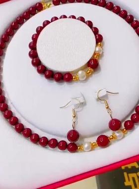 朱砂项链三件套装女款贝珠玉髓气质吊坠母亲女神节送妈妈礼物批发
