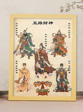 五路财神爷供奉挂画客厅桌面摆件画像相框摆台店铺开业招财装饰画