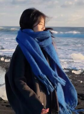 新款韩系围巾女冬季拉毛加厚学生保暖围脖蓝色灰色红色薄款条纹