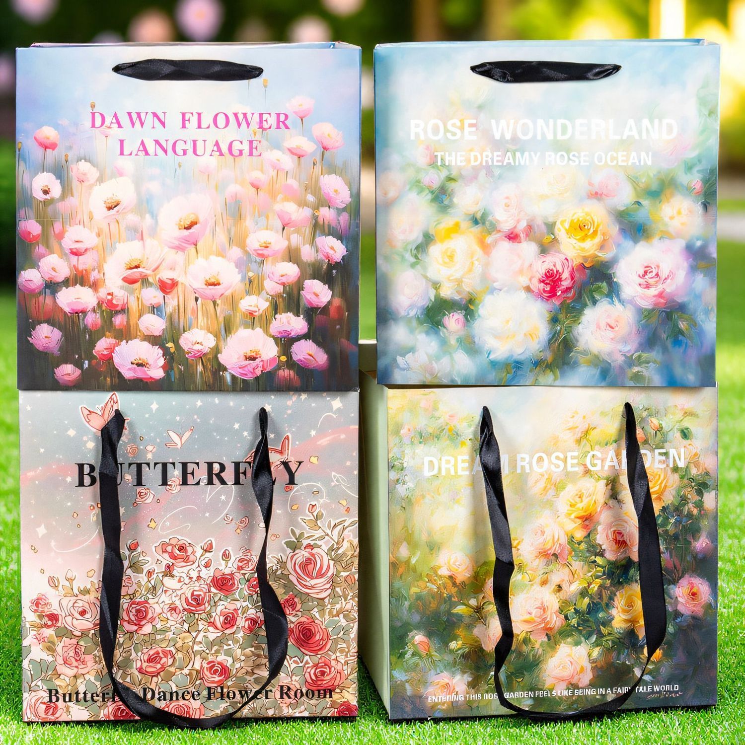 油画鲜花手提袋花束正方形方形礼物花店包装网红礼品袋梯形红色 - 图2