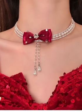 2026轻奢红色闪钻蝴蝶结choker项链女时尚宴会晚礼服颈链配饰