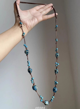 新中式国风蓝色陶瓷串珠项链女民族风编织吊坠长款毛衣链高级颈链