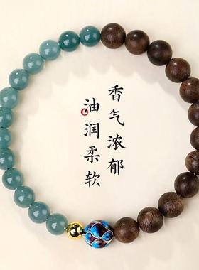 仿蓝水翡翠沉香手串女款檀香木质文玩盘玩高端静心莲花饰品手链