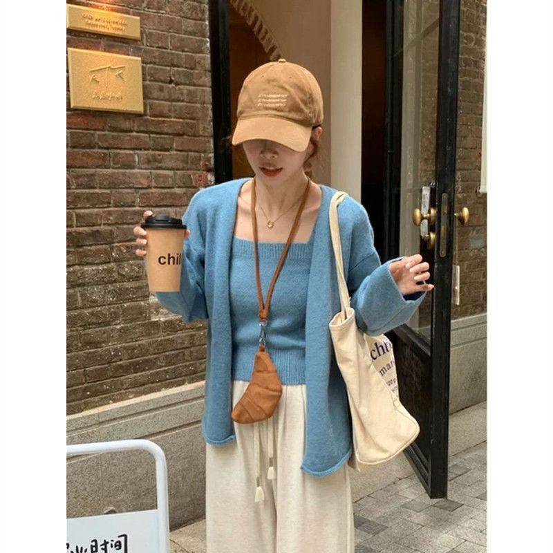蓝色两件套长袖软糯针织开衫女秋2026新款大码内搭毛衣外套上衣,淘宝优惠券,粉丝福利购,淘宝优惠卷