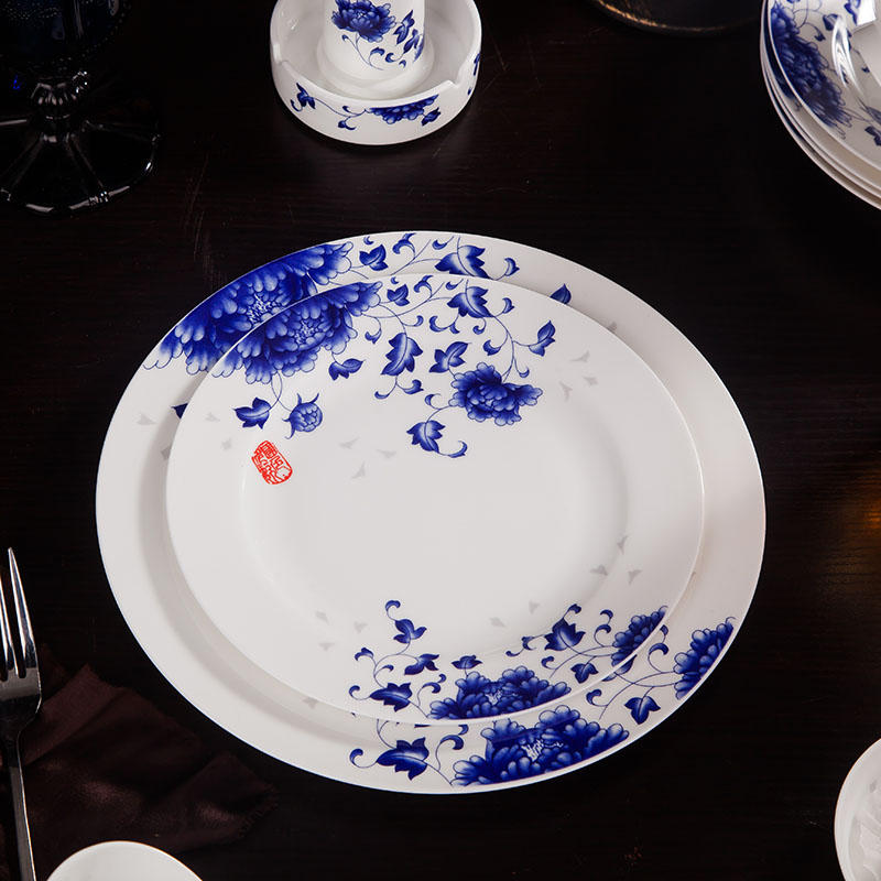 景德镇陶瓷家用青花瓷米饭碗10个只装骨瓷高脚碗礼品釉下彩精致