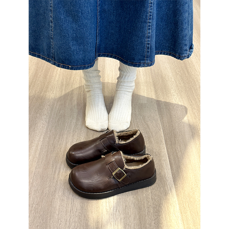 厚底勃肯鞋女鞋加绒小皮鞋2025新款冬季保暖雪地靴乐福鞋博肯棉鞋 - 图3