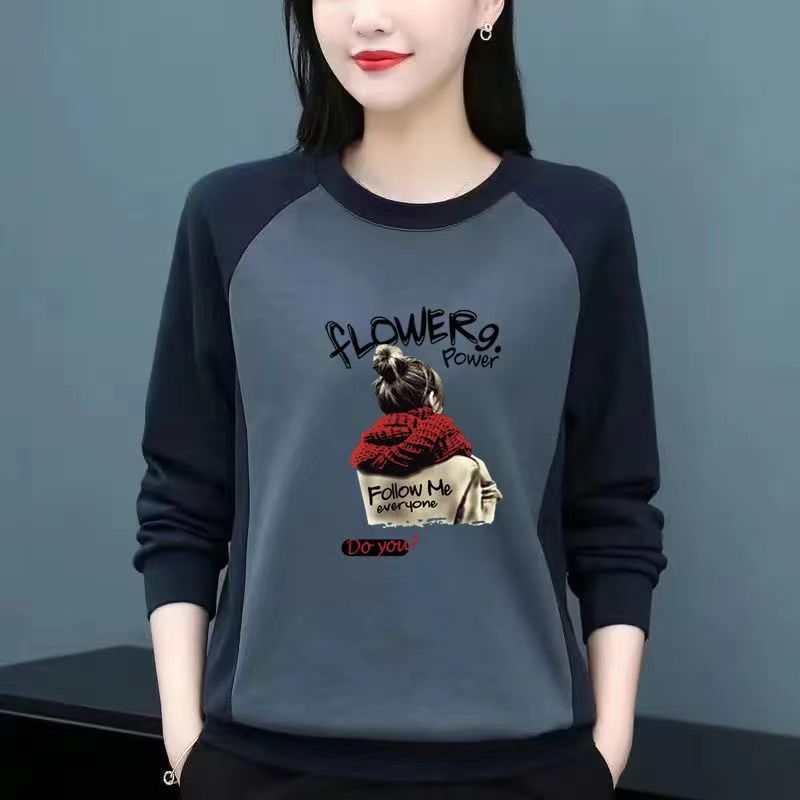 100%纯棉清仓捡漏~圆领卫衣女春秋大码印花拼接长袖全棉打底衫潮H - 图3