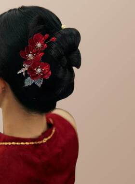 红色马面裙盘发古风流苏汉服发饰套装新娘头饰女新中式发簪山茶花